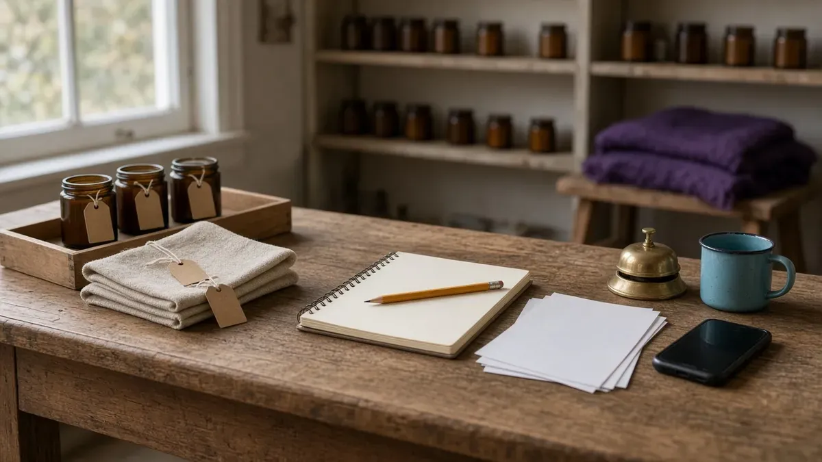 Oak shop counter set up in three areas for Stock · Story · Serve: a tray of amber candle jars and folded linen towels with blank kraft hang tags, an open notebook with a pencil beside face-down printed pages, and a brass service bell, a cyan-blue mug, and a phone with its screen off