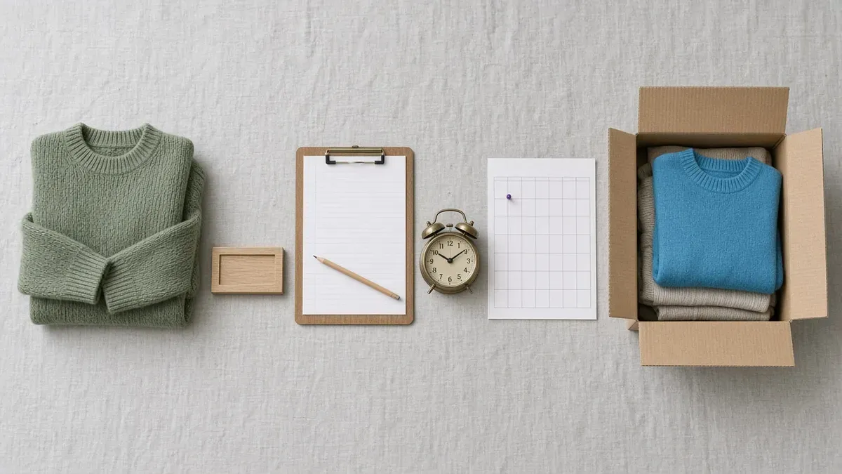 Overhead view of four object groups in a row on pale grey linen: a folded sage-green knitted sweater with a small blank wooden block beside it; a wooden clipboard holding a blank lined sheet with a pencil resting on it; a small brass alarm clock beside a blank paper calendar grid pinned with one purple push pin; and an open kraft shipping box of folded sweaters with a cyan-blue sweater on top