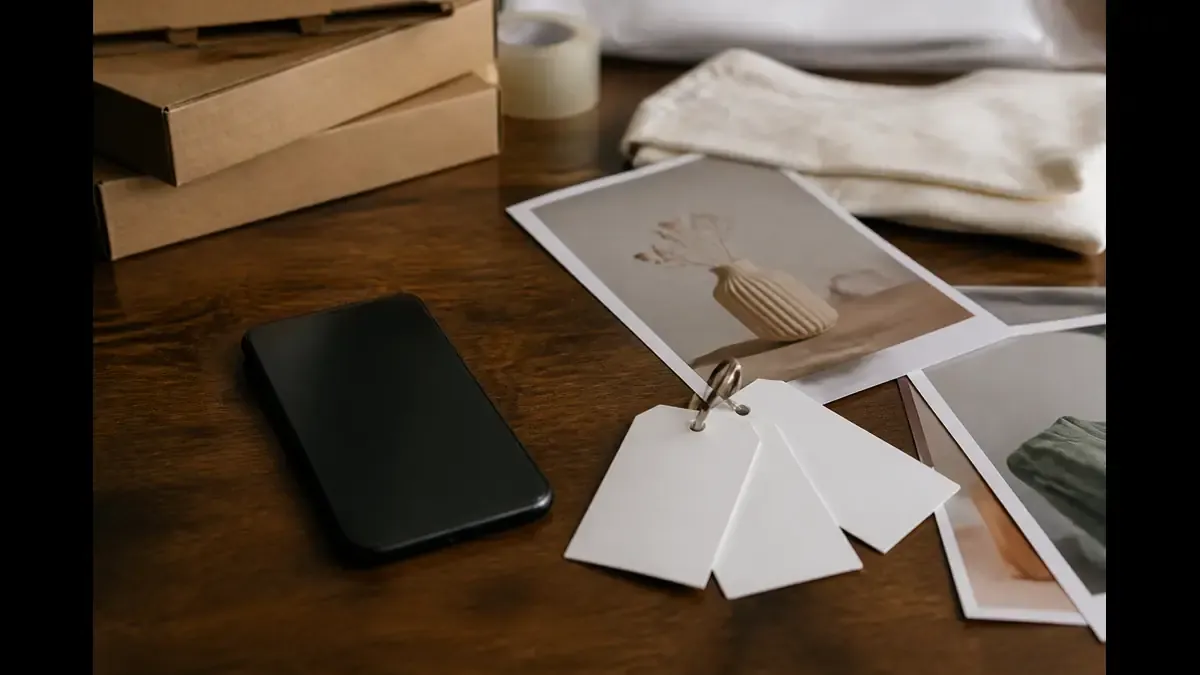 Face-down phone beside printed product photos and blank product tags on a ring, suggesting shoppable product tagging
