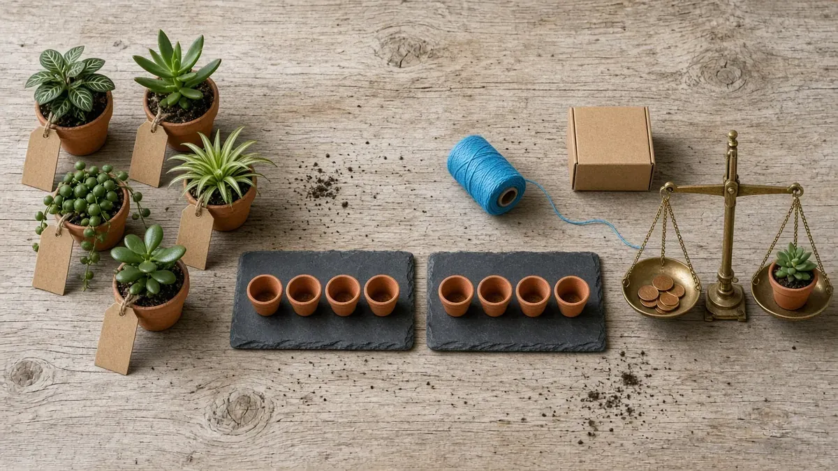 Overhead view of four object groups in a row on a weathered oak potting bench: five small potted plants with blank kraft hang tags; two slate trays side by side, each holding four tiny empty terracotta pots; a spool of cyan-blue twine with a loose strand beside a closed kraft shipping box; and a brass balance scale with copper coins in one pan and a small potted succulent in the other