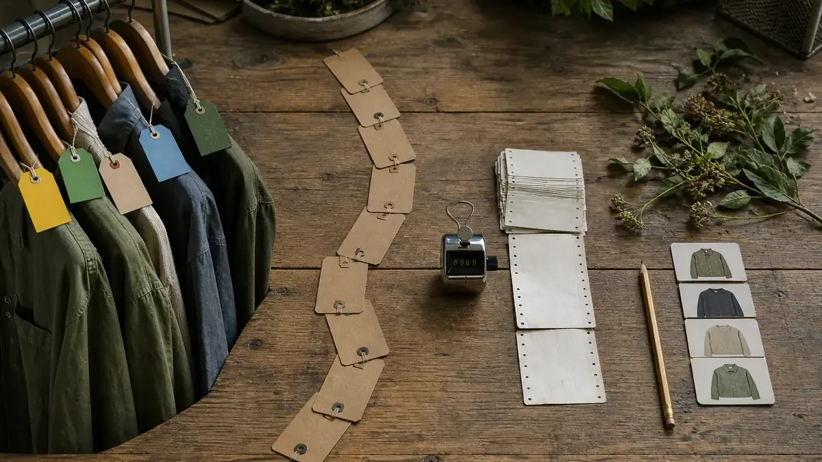 Four physical stages on a worktable: tagged garments, linked kraft tags in a path, a tally counter with perforated cards, and a shortlist of product reference photos