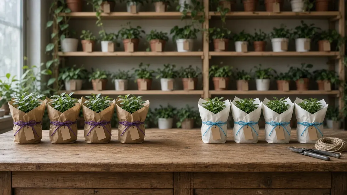 Houseplant shop counter in morning light with one row of four potted plants wrapped in brown kraft paper and tied with violet twine, a gap of bare wood, and a second row of four plants wrapped in cream paper and tied with cyan-blue twine, in front of pine shelves where every potted plant carries a blank kraft hang tag