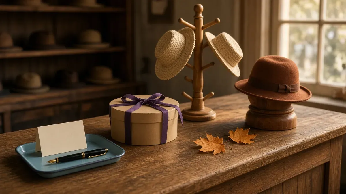 Four objects along an oak shop counter, left to right: a blank card and pen on a cyan-blue tray, a kraft hat box tied with violet ribbon, a hat stand with most pegs empty, and a rust felt hat beside two maple leaves
