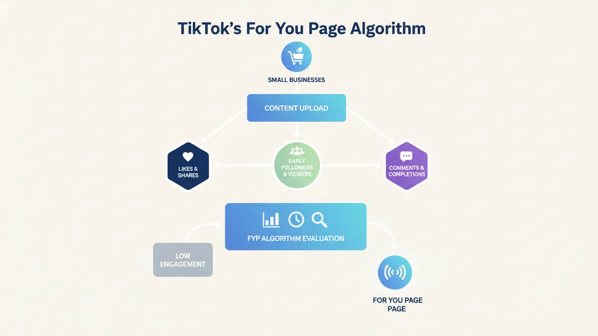 Infographic explaining TikTok's For You Page algorithm and its benefits for small e-commerce stores.