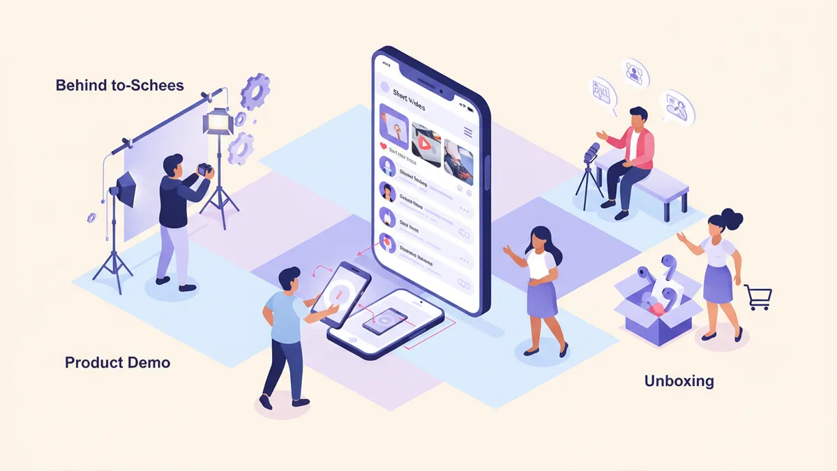 Isometric illustration of different TikTok content types that can drive sales for small stores.
