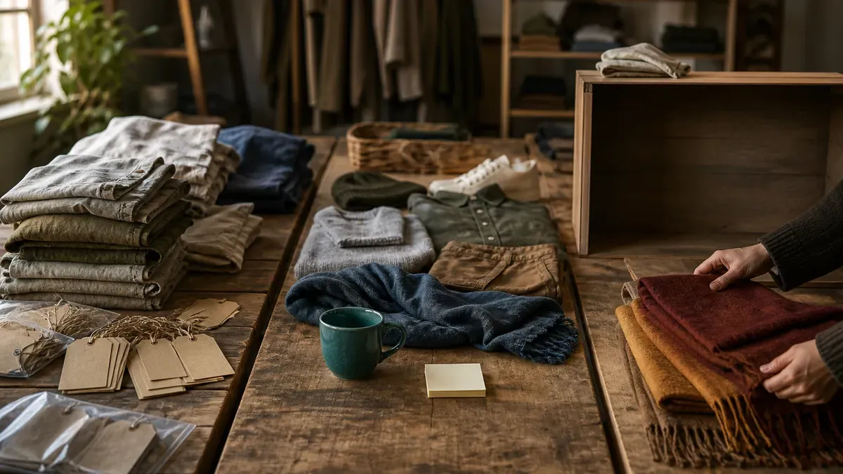 Merchant workspace staged for a three-phase Labor Day campaign with summer stock, ready product flats, and fall pieces