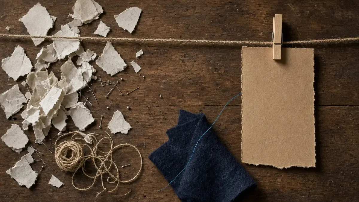 Scattered torn paper scraps and pins on the left of a wood table, one blank kraft ticket clipped to twine on the right