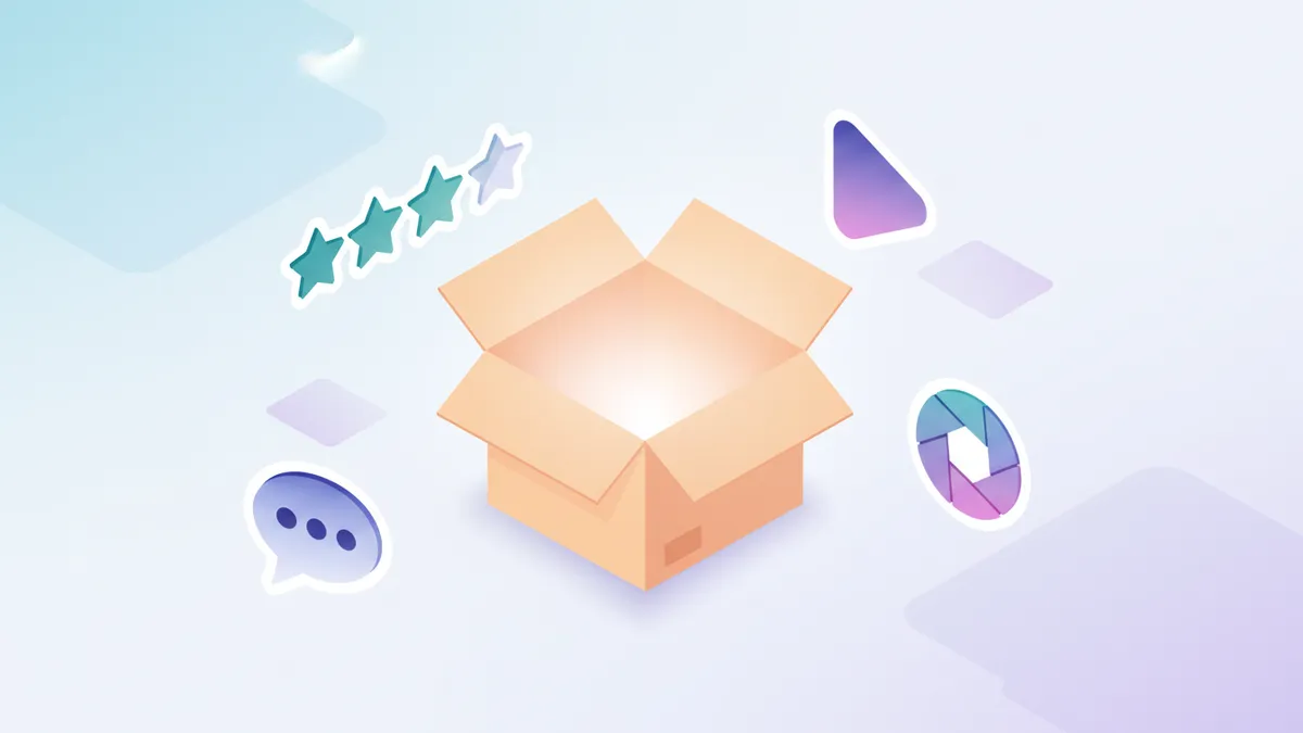 Isometric diagram showing an e-commerce package surrounded by icons for video, photos, and reviews.