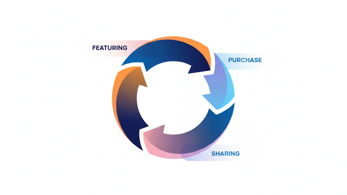 Circular flywheel diagram illustrating the cycle of purchasing, sharing, and featuring content.