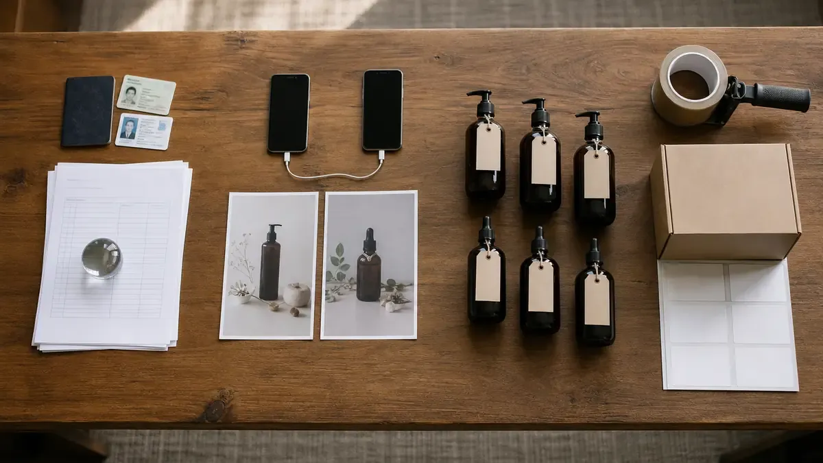 Four desk stations with verification papers, connected phones and product prints, tagged ceramic bottles, and packing supplies for Verify-Sync-Tag-Fulfill