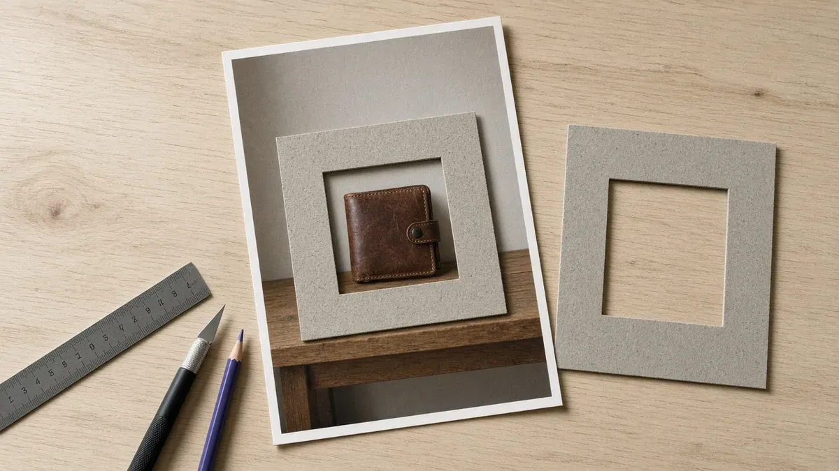 Overhead view of a tall portrait photo print of a brown leather wallet standing on a wooden bench with plain wall above it, a square grey cardboard mat laid over the middle of the print so its opening frames just the wallet, a second smaller mat with a portrait opening lying to the right, and a steel ruler, retracted craft knife, and purple-blue pencil beside the print on a pale maple table
