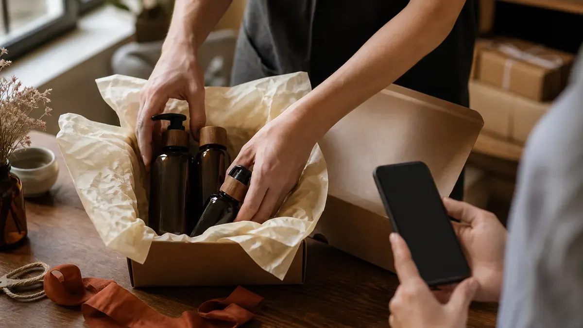 Merchant hands packing gift-ready bottles into a kraft box while a teammate holds a blank phone nearby in soft window light