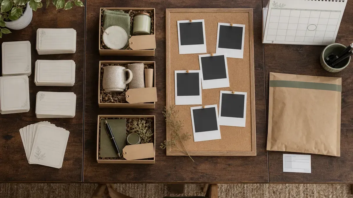 Four packing-table stations for Warm-Guide-Gather-Gift: memory cards, gift sets with blank tags, pinned blank prints, and a sealed mailer with a mid-September calendar