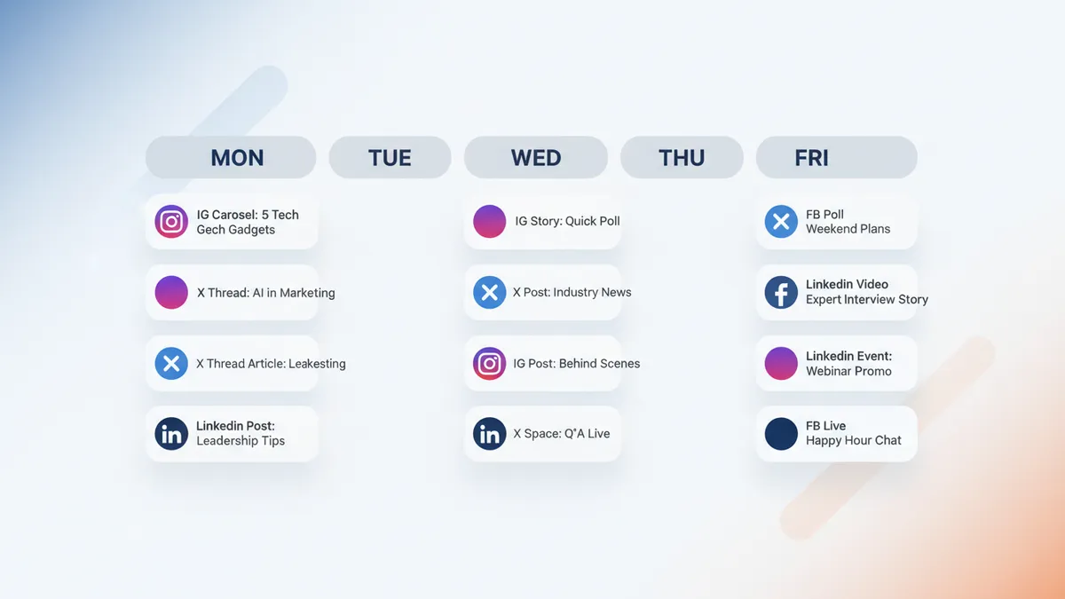Calendar view illustrating a week of repurposed content across different social media platforms.