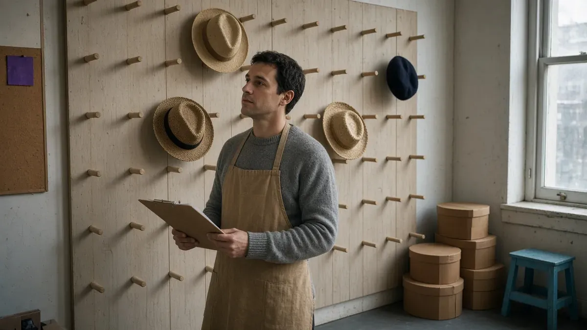 Hat shop worker in a grey sweater and apron counting the few hats left on a wall of mostly empty wooden pegs, clipboard in hand, with empty kraft hat boxes stacked by the window