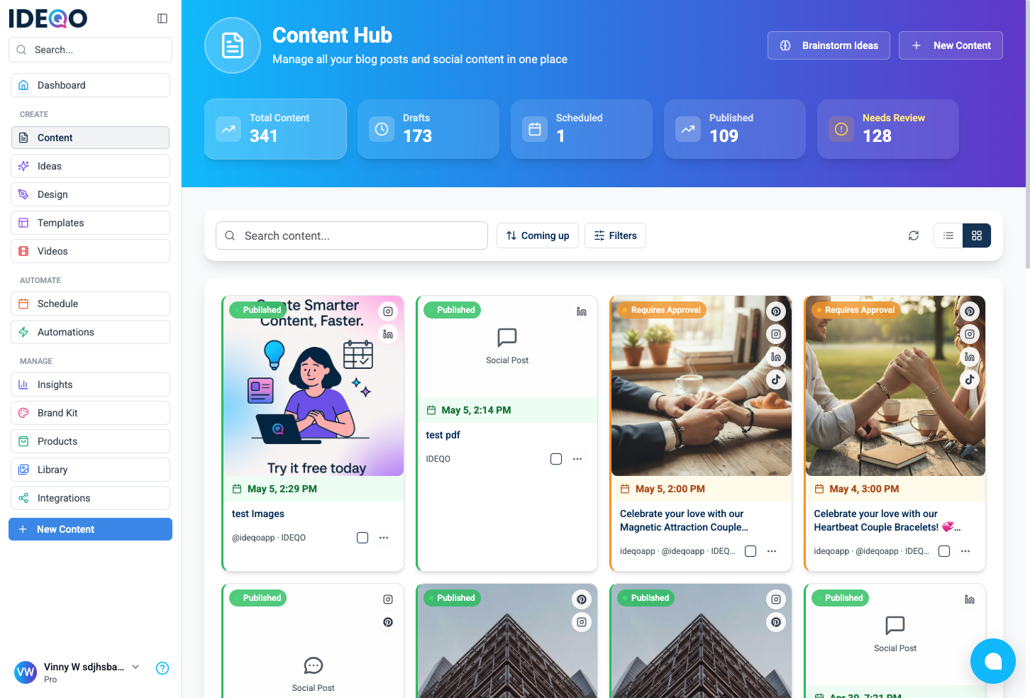 Content Hub with Content selected in the sidebar, summary stats, and New Content buttons