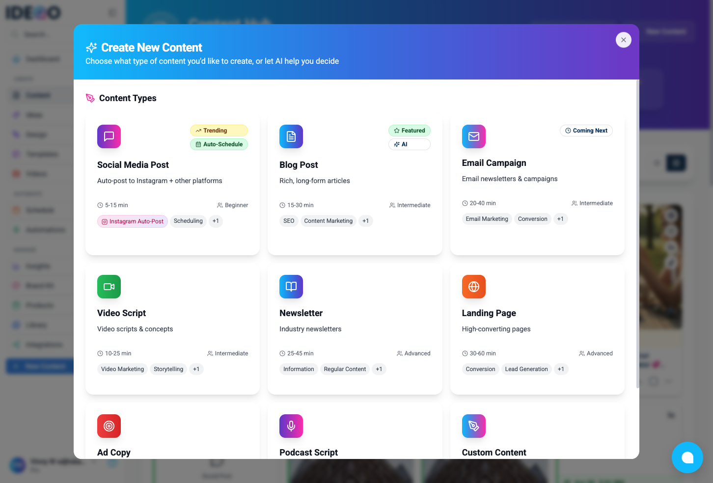Create New Content dialog showing content type cards including Social Media Post