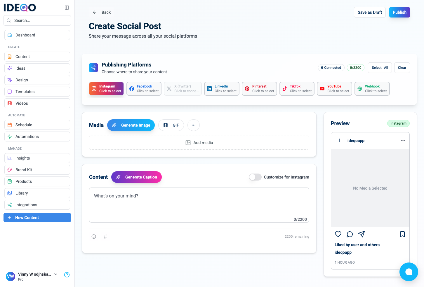 Create Social Post editor with platform badges, media upload, caption field, and live preview