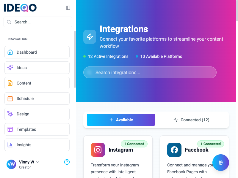 Settings > Integrations page showing Instagram connected