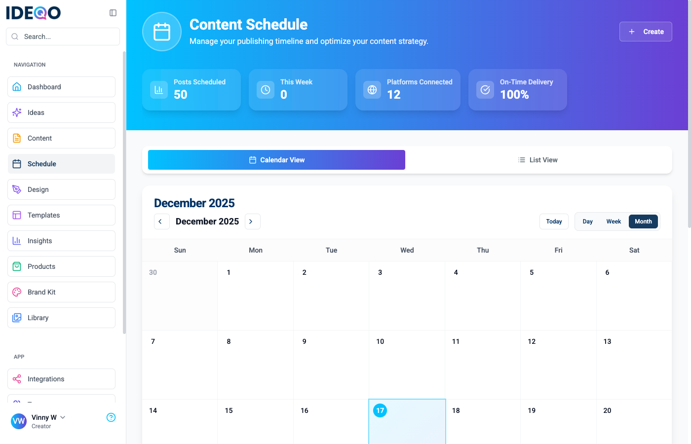 Calendar month view showing scheduled content across December 2025