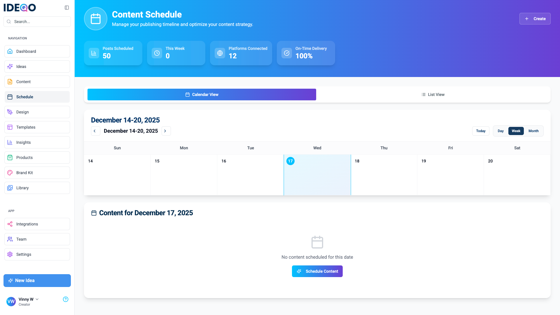 Calendar week view showing detailed schedule for December 14-20, 2025