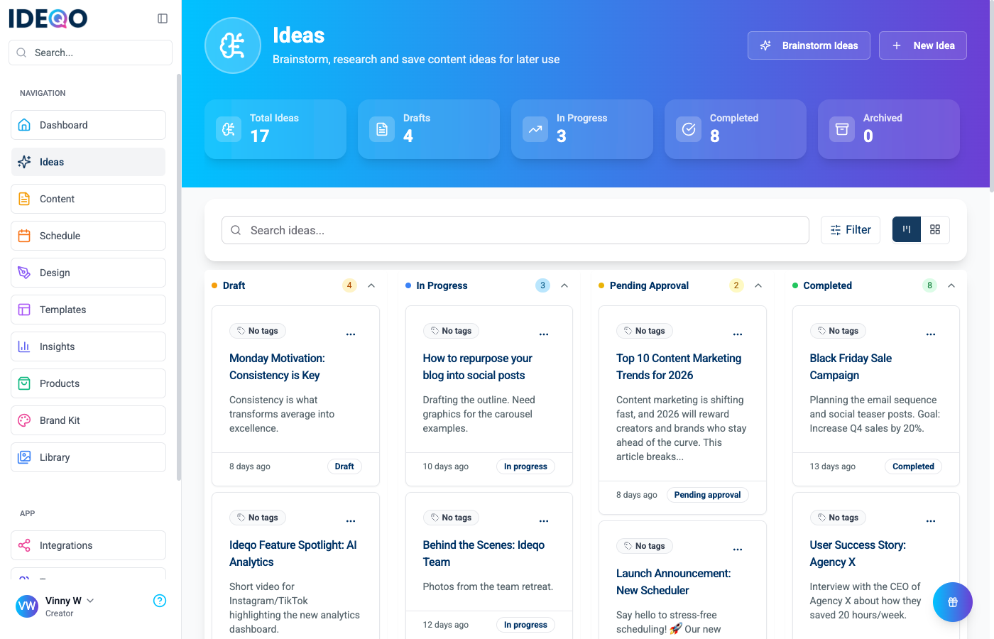 Ideas Kanban board showing approval workflow columns